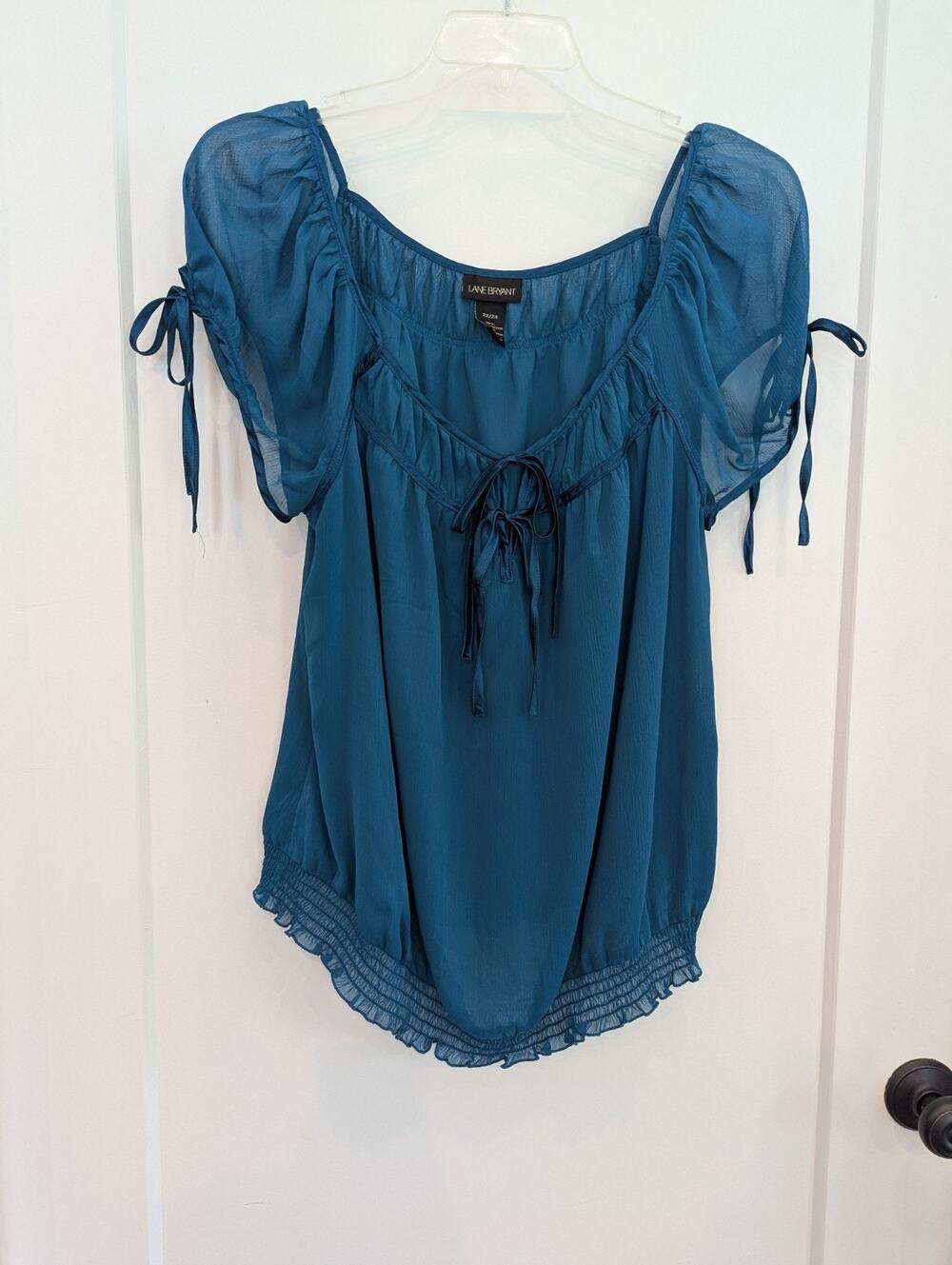 Lane Bryant 22/24 Teal Blouse Short Sleeve Sheer Ribbons Lined Casual Career EUC